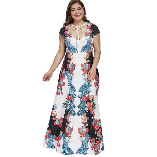 Plus Size Low Cut Floral Paisley Print Maxi Dress