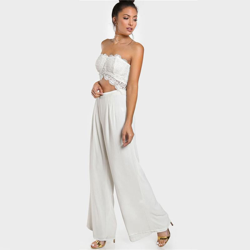 White Crochet Cut Out Strapless Jumpsuit