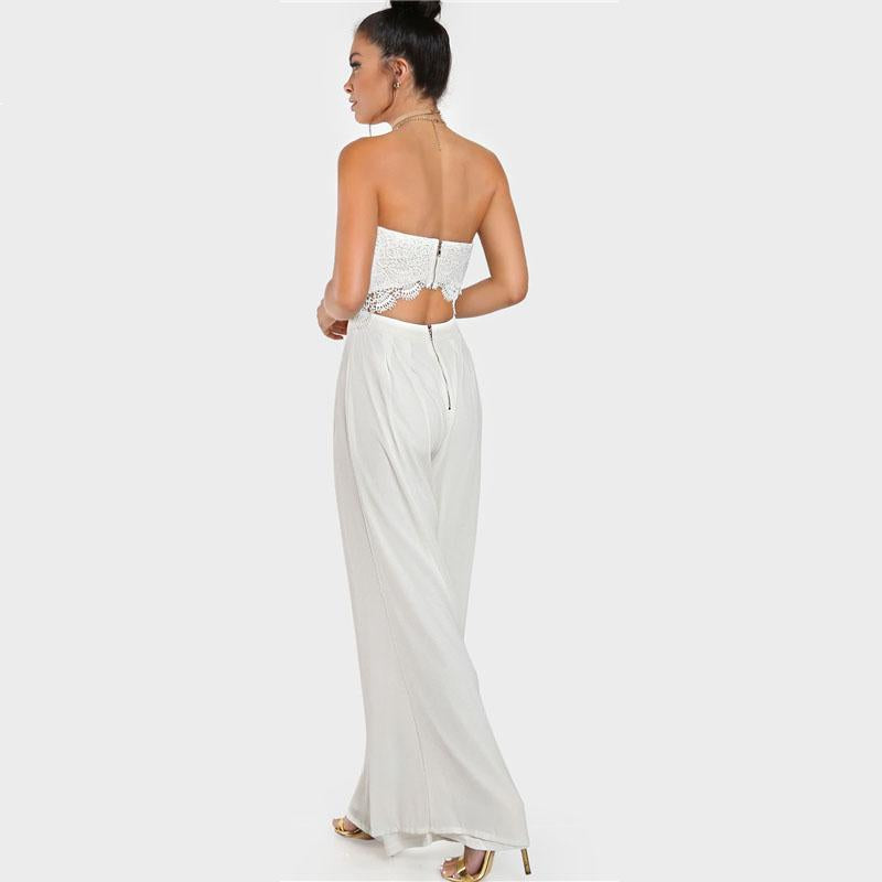 White Crochet Cut Out Strapless Jumpsuit