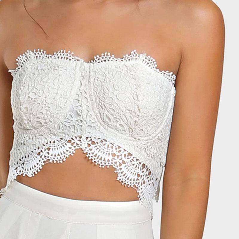 White Crochet Cut Out Strapless Jumpsuit