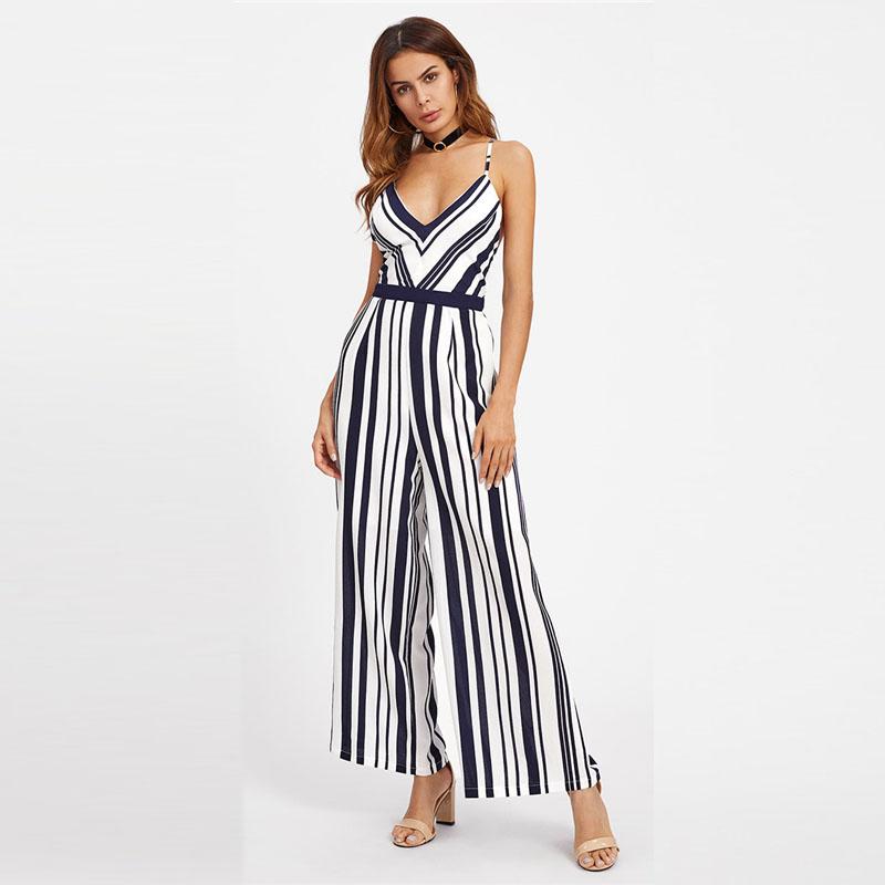 Striped V-Neck Sleeveless Crisscross Tie Back Jumpsuit