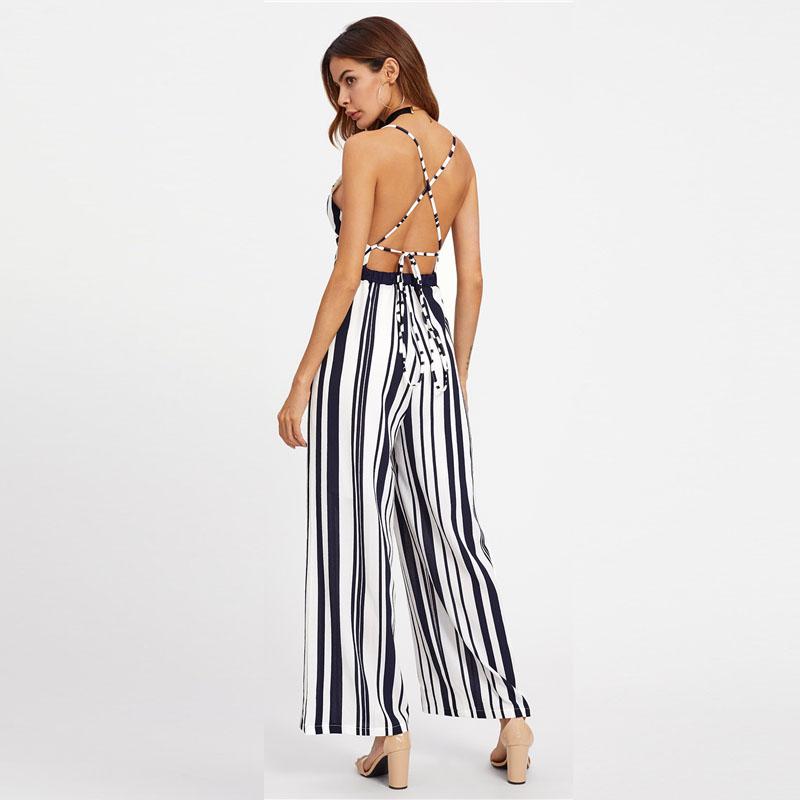 Striped V-Neck Sleeveless Crisscross Tie Back Jumpsuit