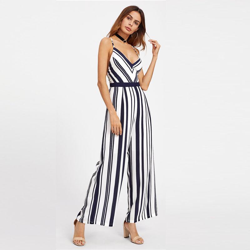 Striped V-Neck Sleeveless Crisscross Tie Back Jumpsuit