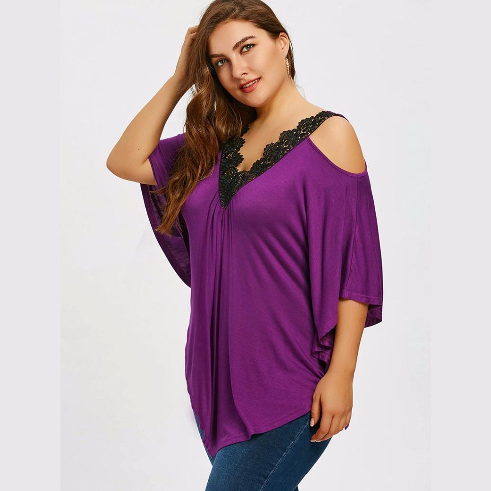 Plus Size Cold Shoulder Lace V-Neck Top