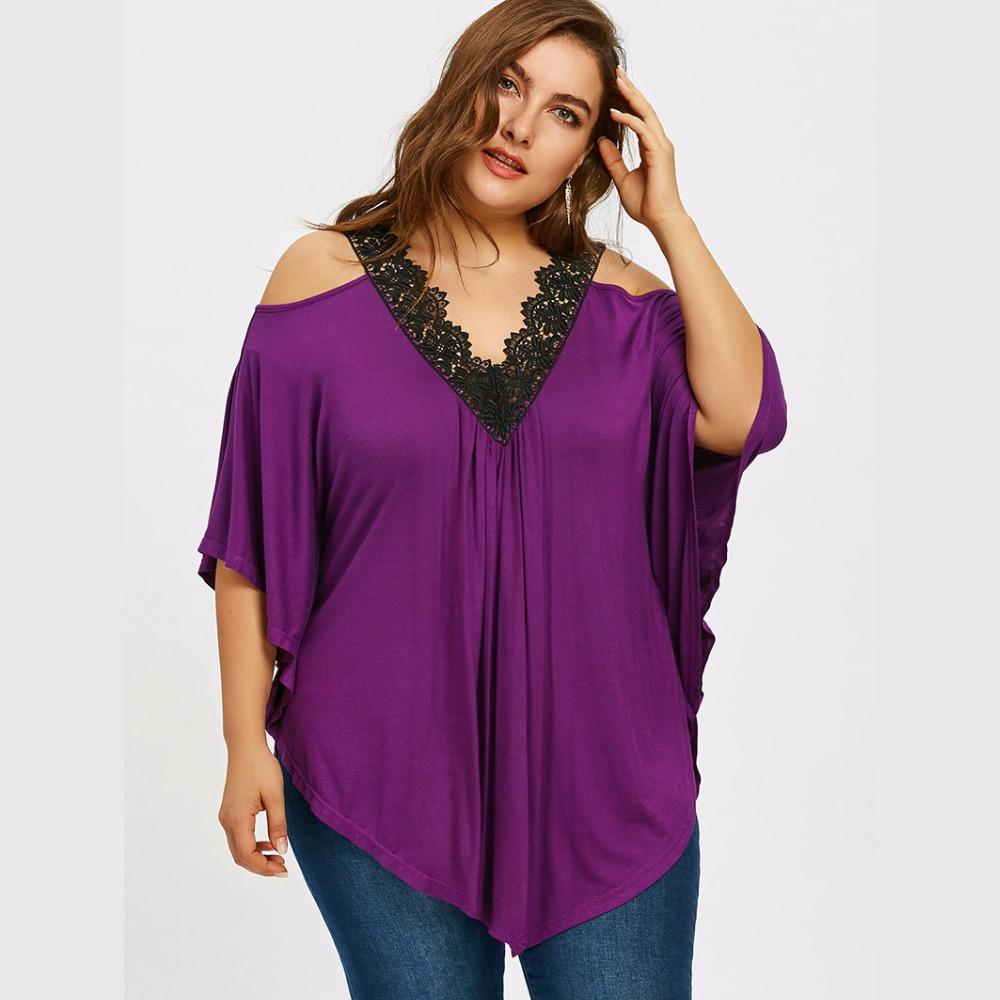 Plus Size Cold Shoulder Lace V-Neck Top
