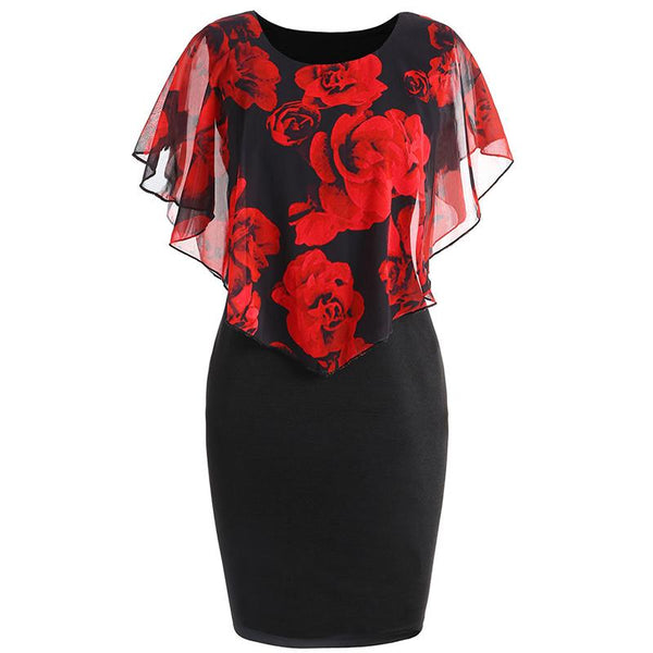 Plus Size Sexy Rose Printed Chiffon Overlay Cape Dress