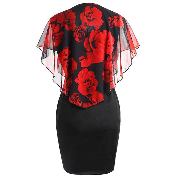 Plus Size Sexy Rose Printed Chiffon Overlay Cape Dress
