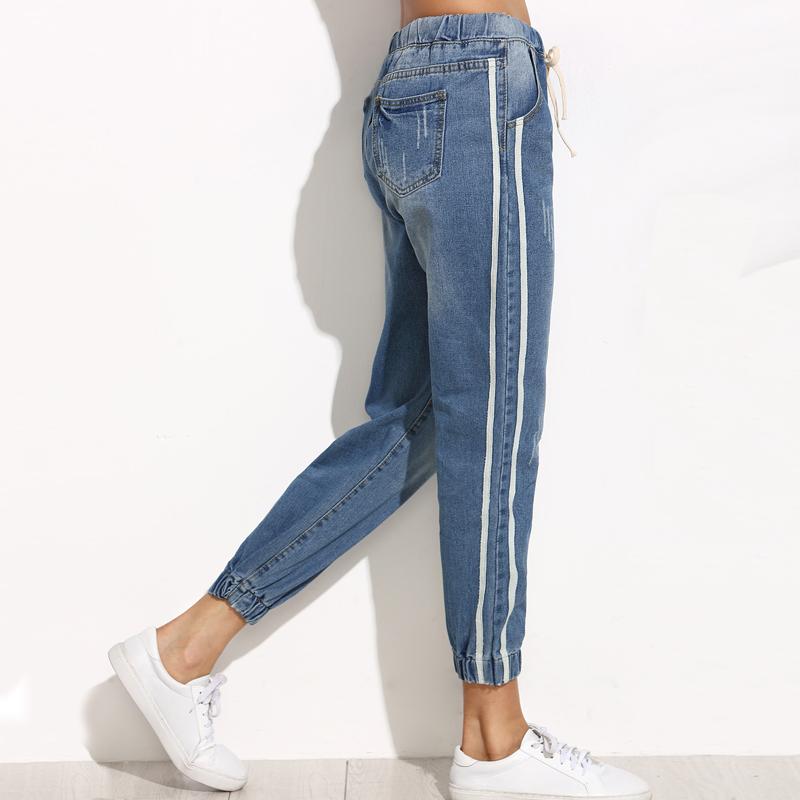Side Stripe Elastic Cuff Mid Waist Drawstring Jean