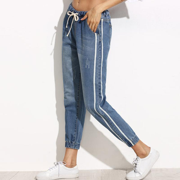 Side Stripe Elastic Cuff Mid Waist Drawstring Jean
