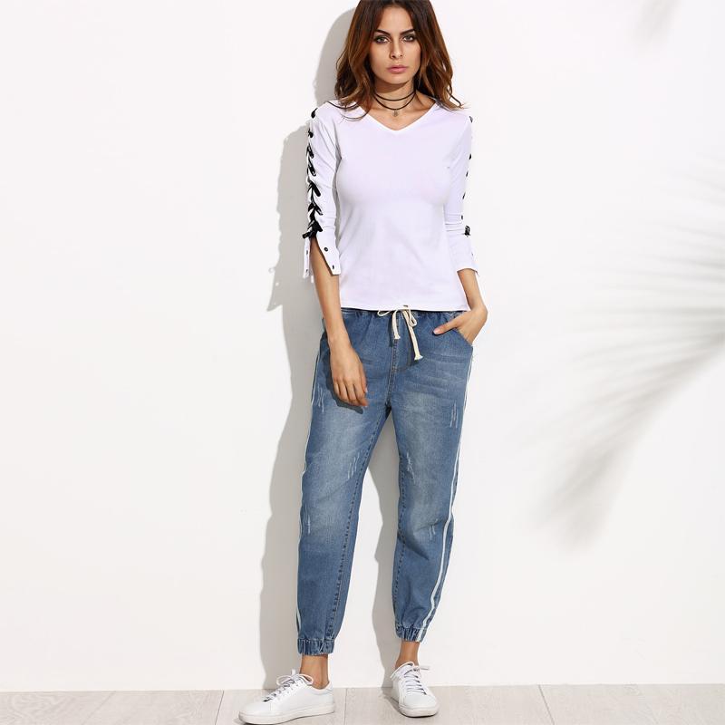 Side Stripe Elastic Cuff Mid Waist Drawstring Jean
