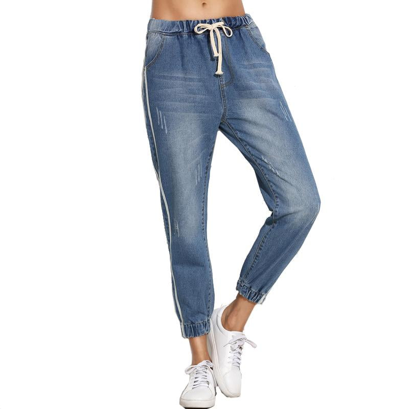 Side Stripe Elastic Cuff Mid Waist Drawstring Jean
