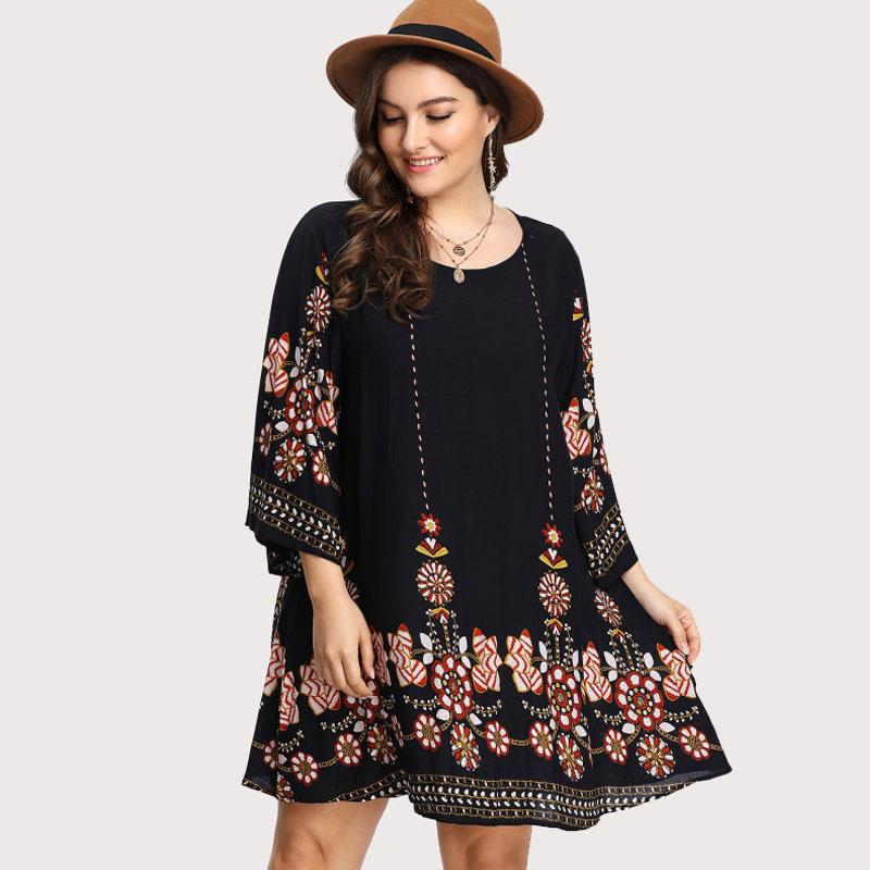 Plus Size Boho Flowered Embroidery Tunic Dress