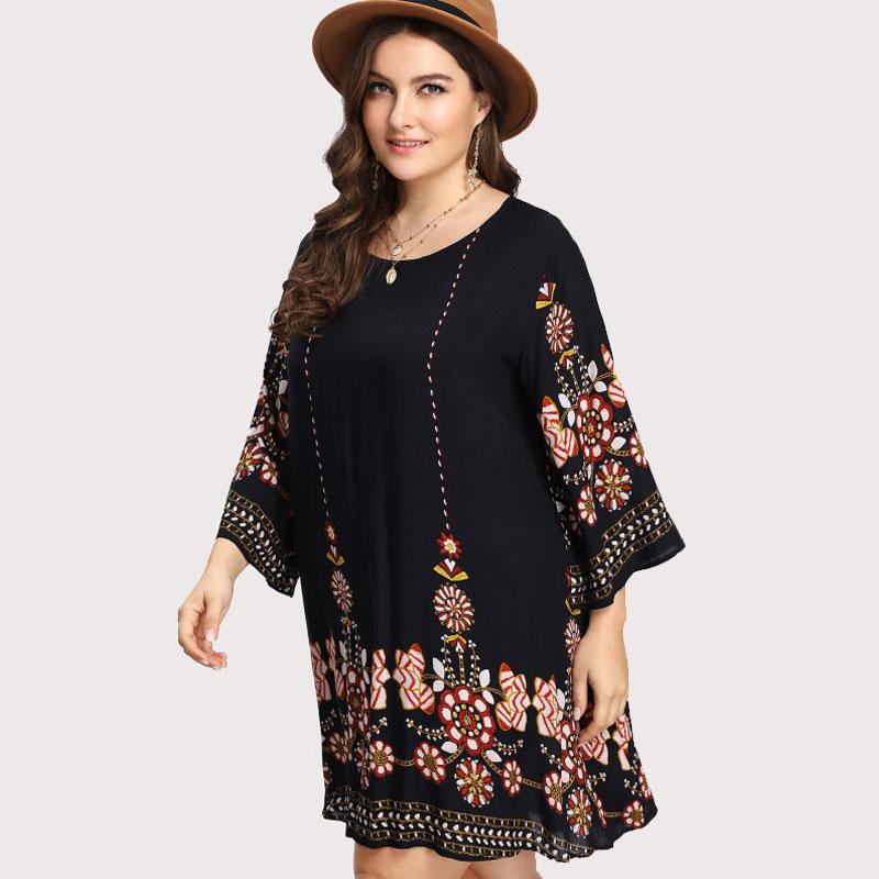 Plus Size Boho Flowered Embroidery Tunic Dress
