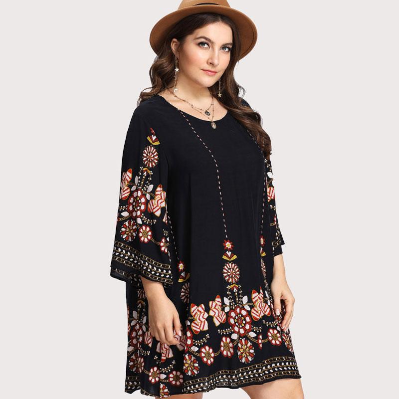 Plus Size Boho Flowered Embroidery Tunic Dress