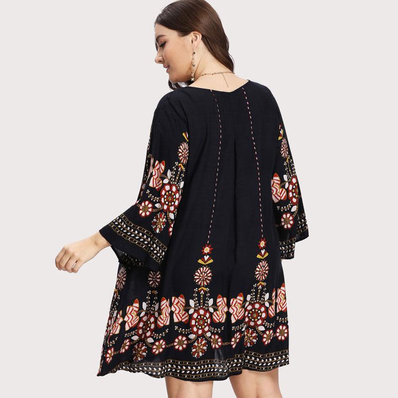 Plus Size Boho Flowered Embroidery Tunic Dress