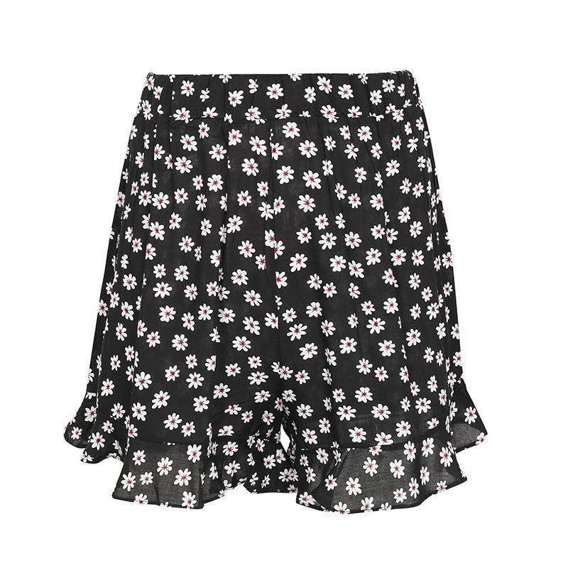 Black Floral Print Ruffle Elastic Waist Shorts