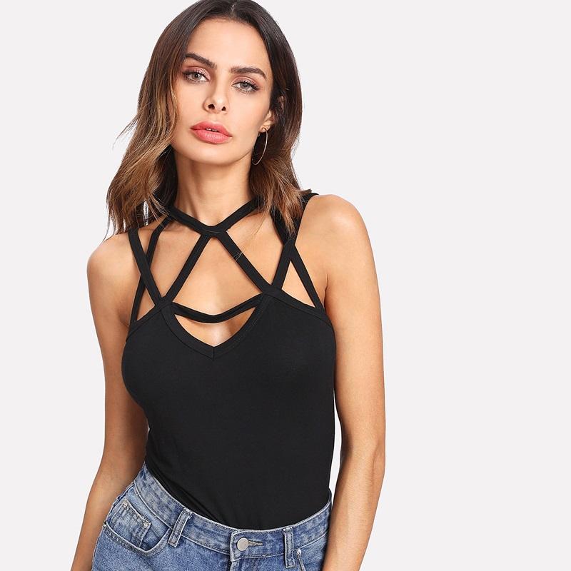 Black Deep V Neck Caged Neck Tank Top