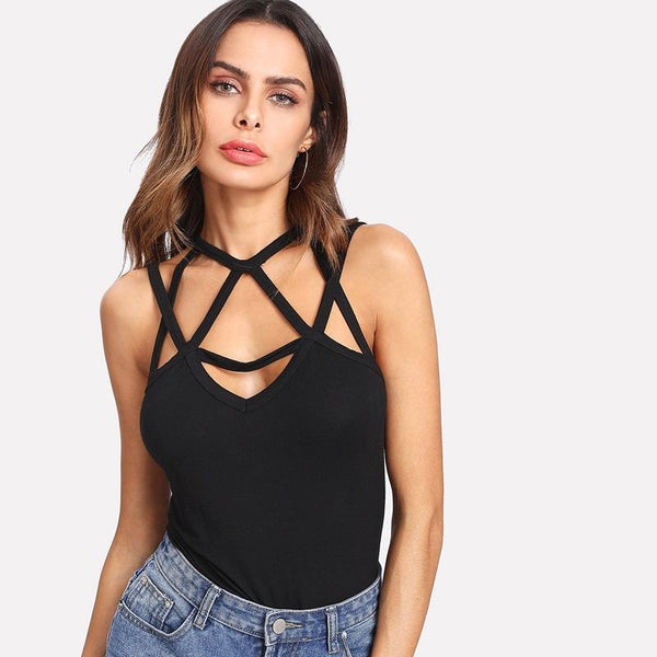 Black Deep V Neck Caged Neck Tank Top