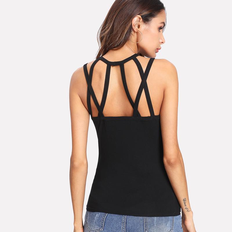 Black Deep V Neck Caged Neck Tank Top