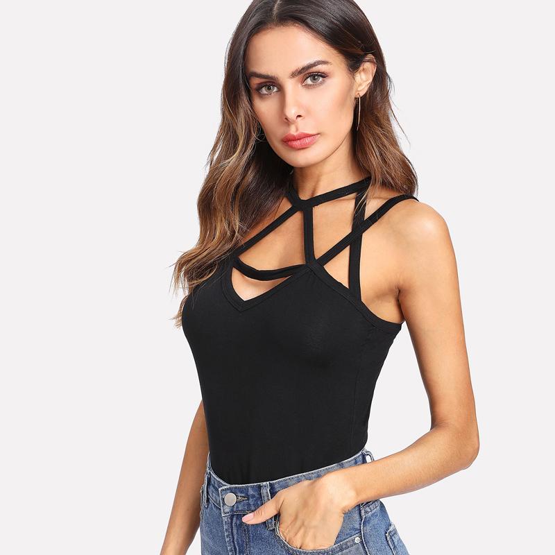 Black Deep V Neck Caged Neck Tank Top