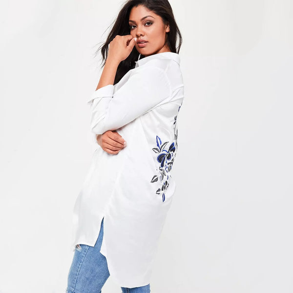 Plus Size Solid White Floral Embroidered Long Sleeve Blouse