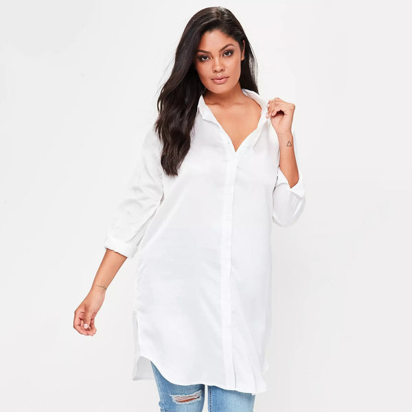 Plus Size Solid White Floral Embroidered Long Sleeve Blouse