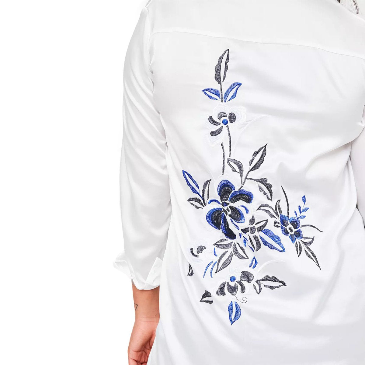 Plus Size Solid White Floral Embroidered Long Sleeve Blouse