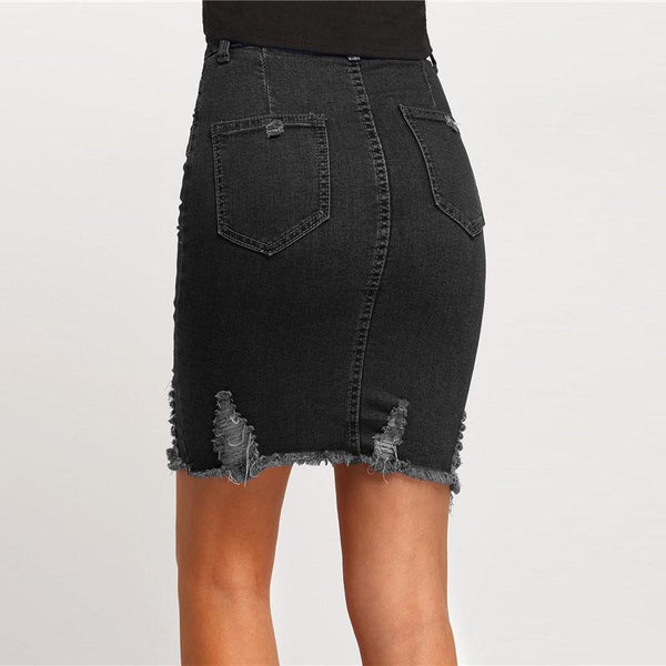 Black Ripped Split Denim Pencil Skirt