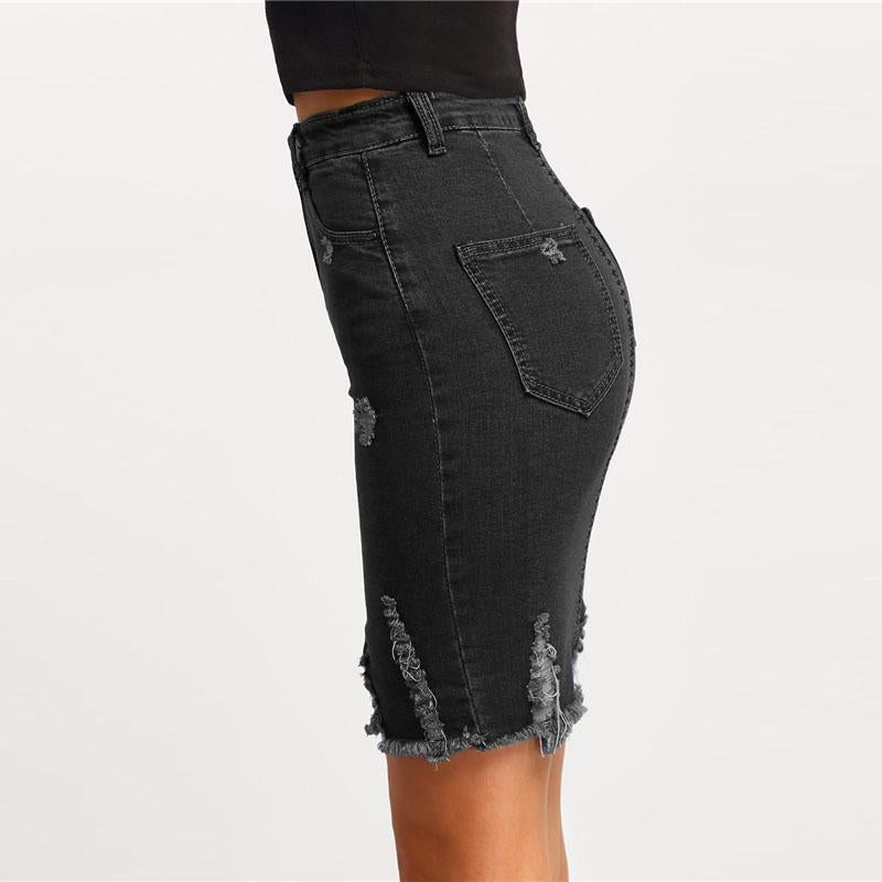Black Ripped Split Denim Pencil Skirt