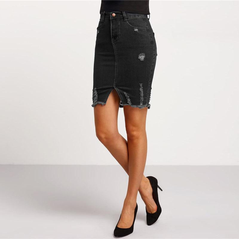 Black Ripped Split Denim Pencil Skirt