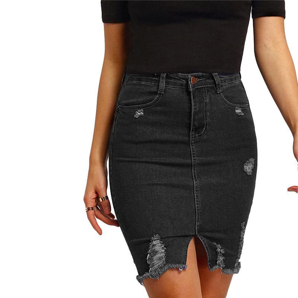 Black Ripped Split Denim Pencil Skirt
