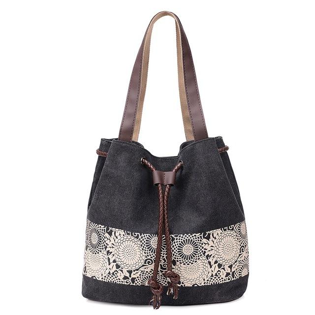 Vintage Flower Printed Canvas Bucket Shoulder Bags