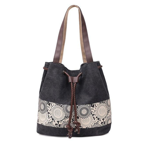 Vintage Flower Printed Canvas Bucket Shoulder Bags
