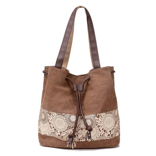 Vintage Flower Printed Canvas Bucket Shoulder Bags