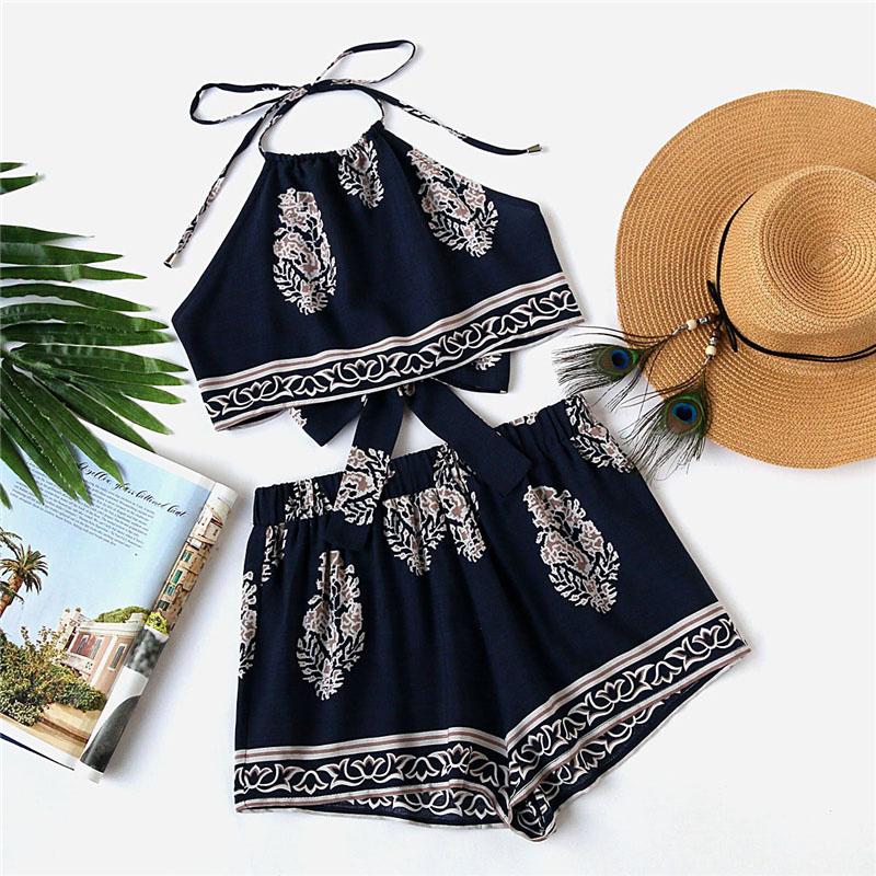 Tribal Knot Halter Top And Shorts Two Piece Set