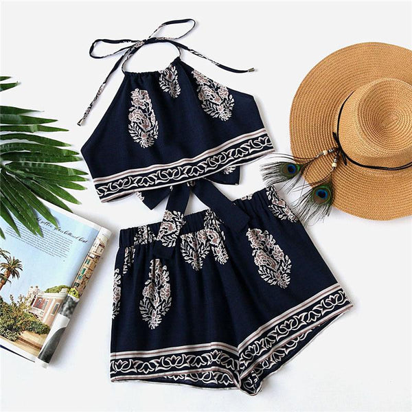 Tribal Knot Halter Top And Shorts Two Piece Set