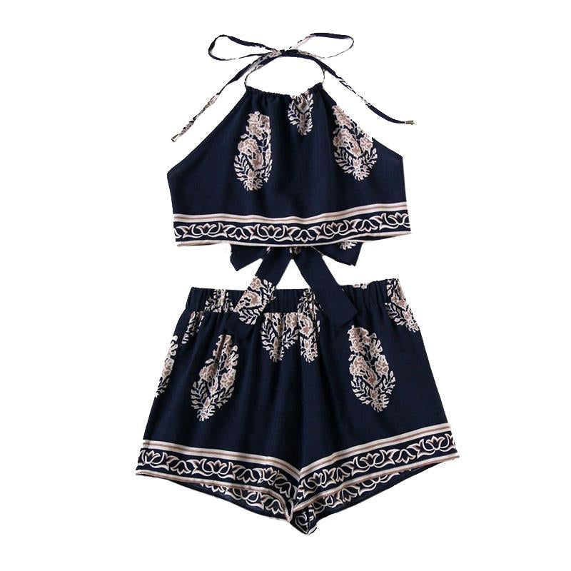 Tribal Knot Halter Top And Shorts Two Piece Set