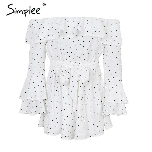 Off Shoulder Flare Sleeve Polka Dot Romper