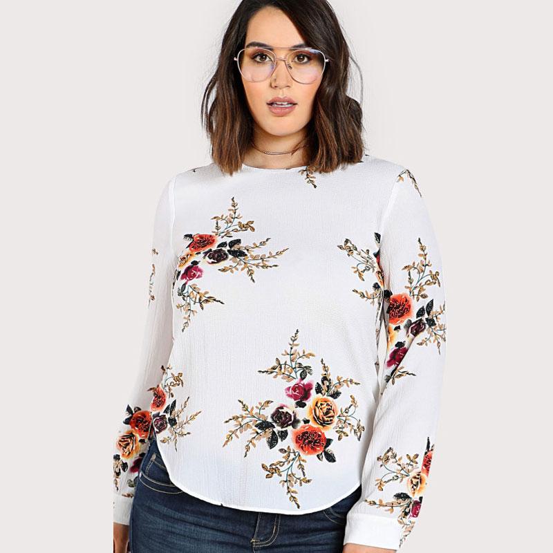 Plus Size Flower Print Curved Hem Tunic Tops