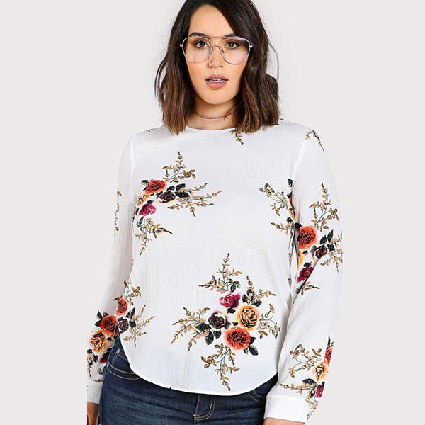 Plus Size Flower Print Curved Hem Tunic Tops