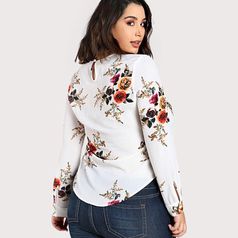 Plus Size Flower Print Curved Hem Tunic Tops