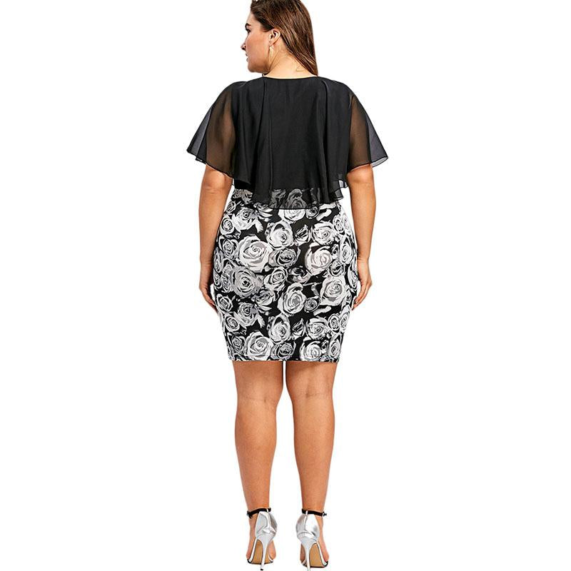 Plus Size Rose Print Bodycon Chiffon Cape Dress