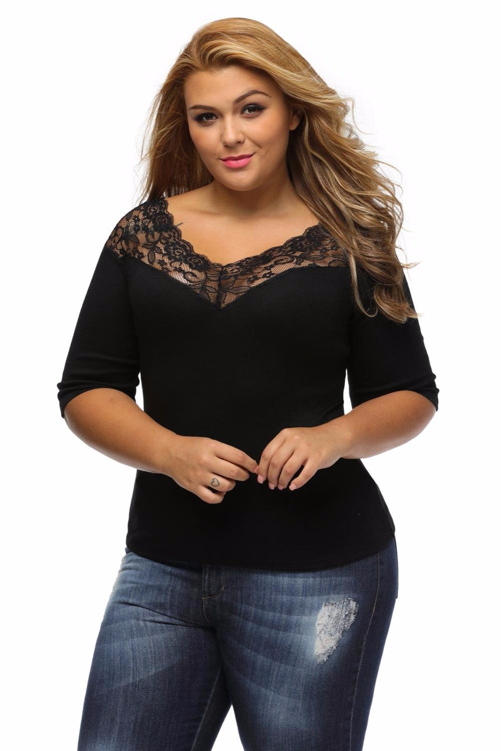 Plus Size Spliced Curve 3/4 Sleeve Black Top
