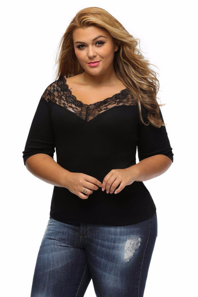 Plus Size Spliced Curve 3/4 Sleeve Black Top