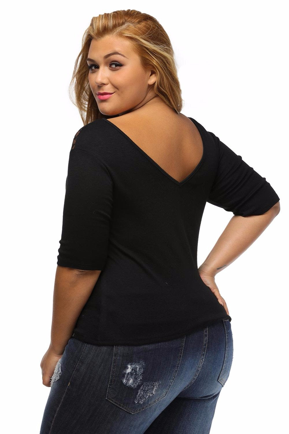 Plus Size Spliced Curve 3/4 Sleeve Black Top