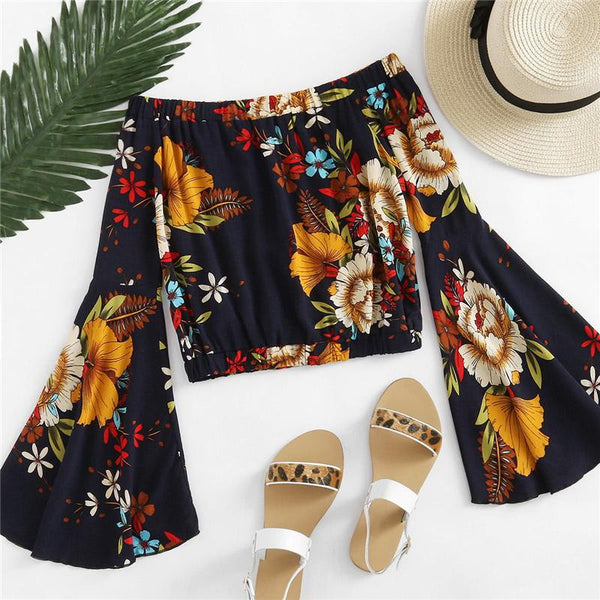 Bardot Fluted Sleeve Floral Print Crop Top