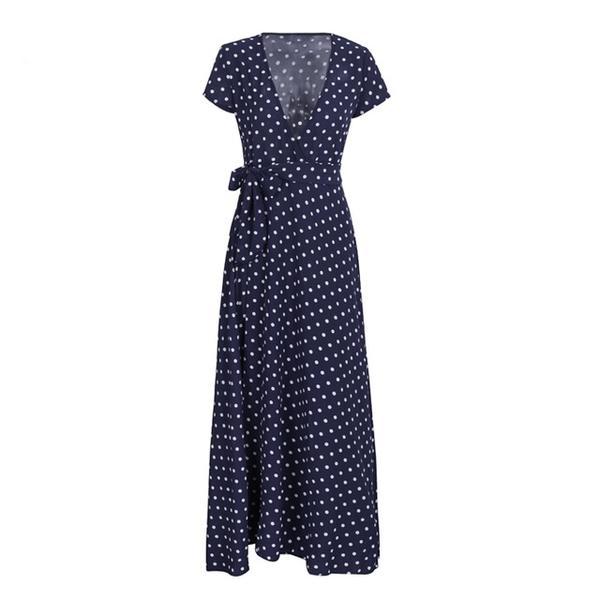Deep V-Neck Polka Dot Waist Tie Maxi Dress