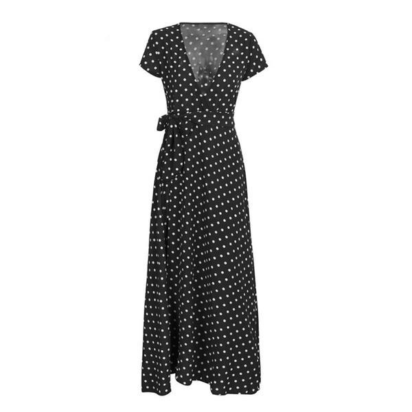 Deep V-Neck Polka Dot Waist Tie Maxi Dress