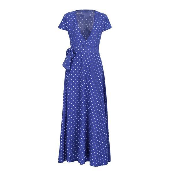 Deep V-Neck Polka Dot Waist Tie Maxi Dress