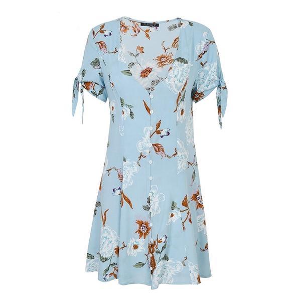 Button Boho Print Summer Dress